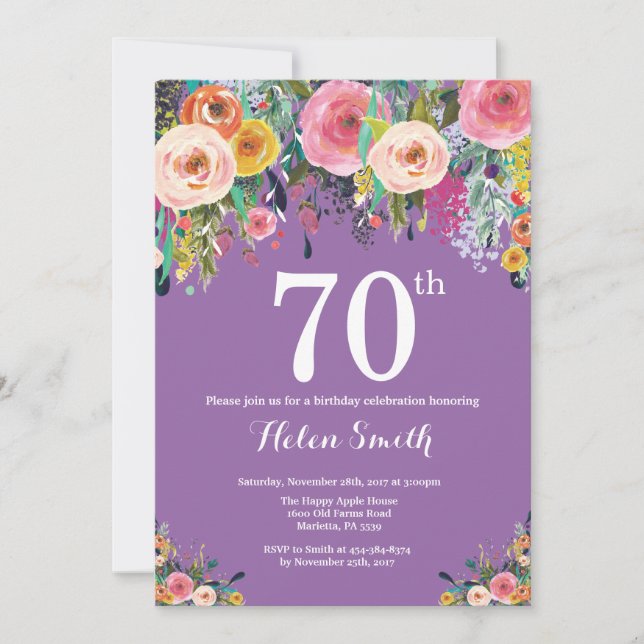 Purple Floral 70e anniversaire Invitation (Devant)