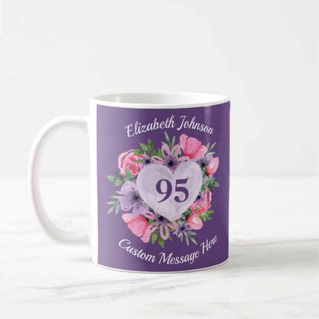 Purple Floral 95ème Anniversaire Mug pour femmes (Gauche)