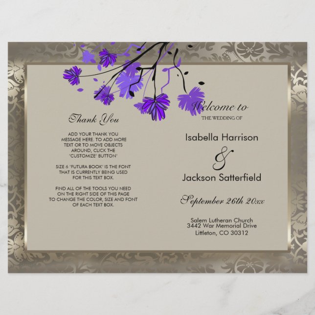 Purple Floral & Antique Silver Wedding Programme (Devant)