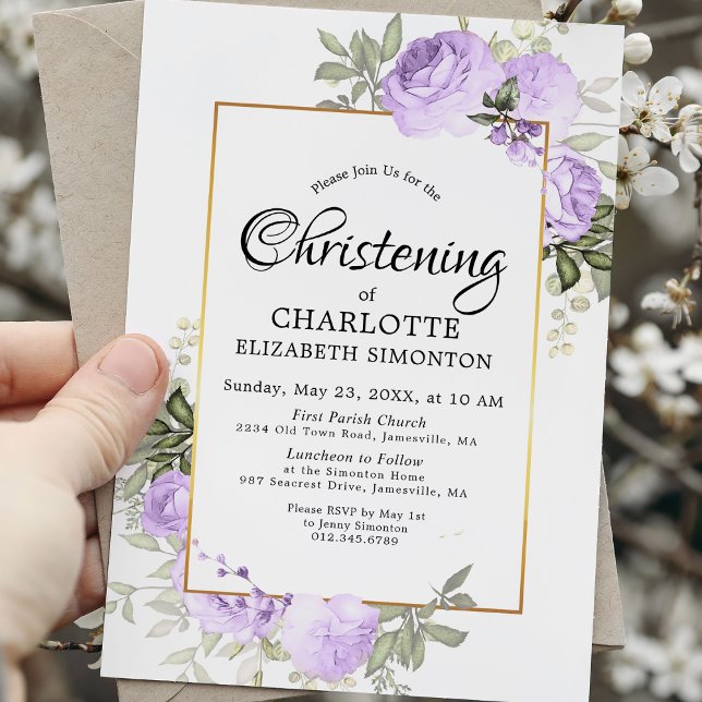 Purple Floral Aquarelle Christening Invitation (Créateur téléchargé)