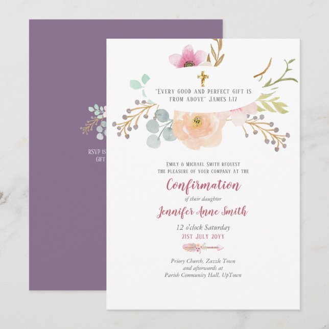 Purple Floral Confirmation Invitation Catholique (Devant / Derrière)