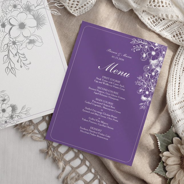 Purple Floral Elegant Wedding Menükarte (Von Creator hochgeladen)