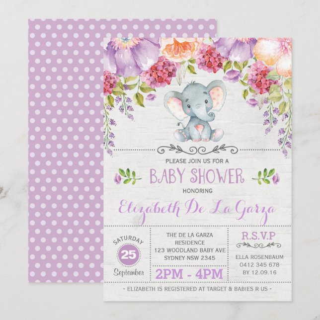 Purple Floral Elephant Baby Girl Douche Invitation (Devant / Derrière)