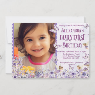 Purple Floral Fairy First QR Code Photo Birthday Einladung