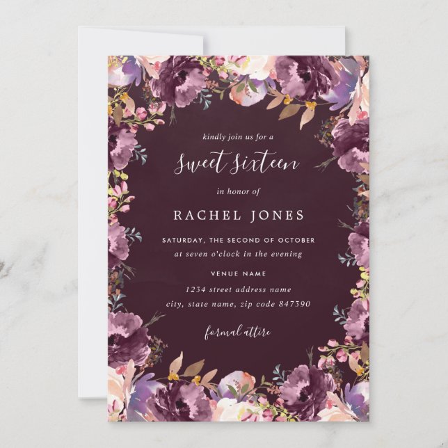 Purple Floral Fleur Sweet 16 Invitation (Devant)
