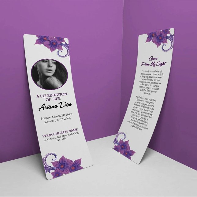 Purple Floral Funeral Bookmark Template (Von Creator hochgeladen)