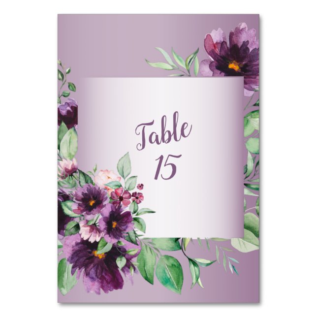 Purple Floral Geometric Greenery Wedding Tischnummer (Vorderseite)