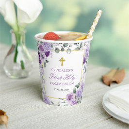 Purple Floral Girl First Holy Communion Pappbecher