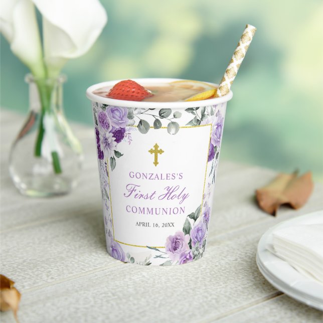 Purple Floral Girl First Holy Communion Pappbecher (In Situ)