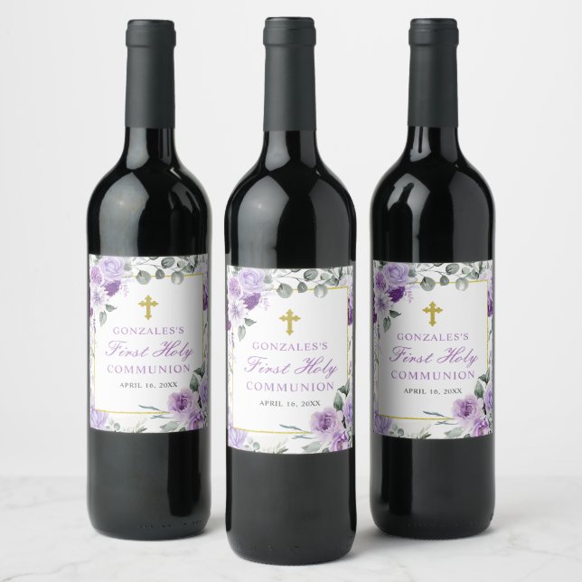 Purple Floral Girl First Holy Communion Weinetikett (Flaschen)
