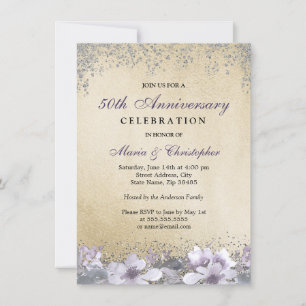 Purple Floral Gold 50e Mariage Invitation Annivers