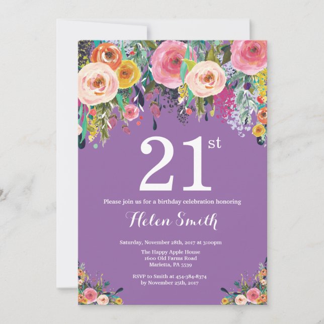 Purple Floral Invitation 21e anniversaire (Devant)