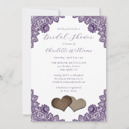 Purple Floral Lace Burlap Hearts Bridal Shower Einladung