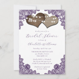 Purple Floral Lace Burlap Hearts Bridal Shower Einladung