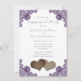 Purple Floral Lace Burlap Hearts Engagement Party Einladung