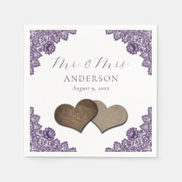 Purple Floral Lace Burlap Hearts Mr & Mrs Wedding Serviette