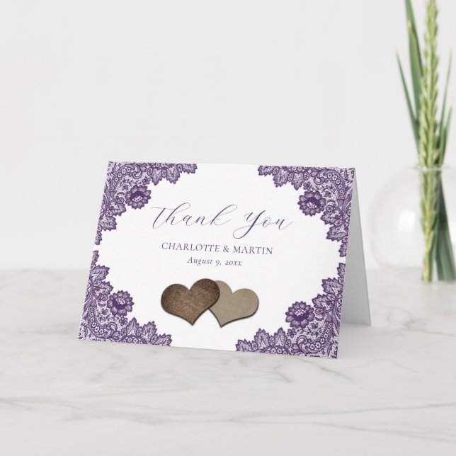 Purple Floral Lace Burlap Hearts Rustic Wedding Dankeskarte (Vorderseite)