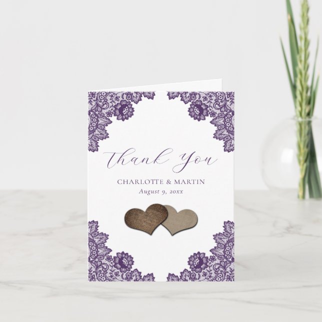 Purple Floral Lace Burlap Hearts Rustic Wedding Dankeskarte (Vorderseite)