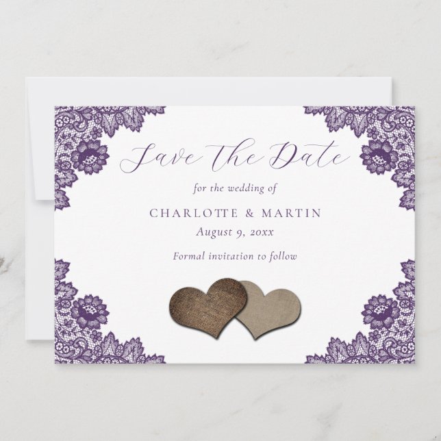 Purple Floral Lace Burlap Hearts Rustic Wedding Save The Date (Vorderseite)