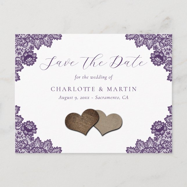 Purple Floral Lace Rustic Wedding Save The Date Ankündigungspostkarte (Vorderseite)