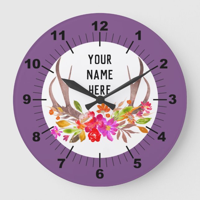 Purple Floral Large Clock Große Wanduhr (Vorderseite)