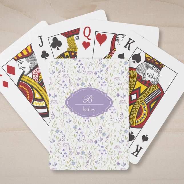 Purple Floral Monogram Classic Playing Cards Spielkarten (personalized cottagecore purple blue floral pattern monogram cards)