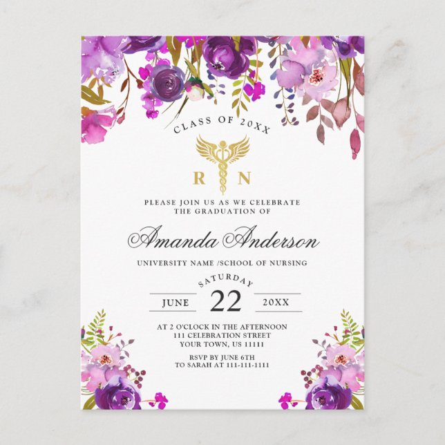 Purple Floral Nursing School Graduation invitation (Devant)