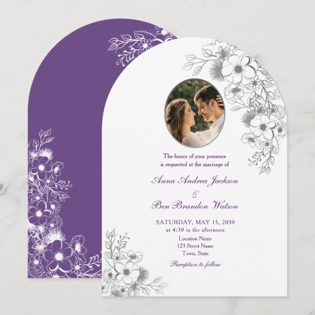 Purple Floral Photo Arched Wedding Einladung (Vorne/Hinten)