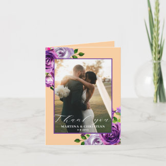 Purple Floral Photo Wedding Folded  Dankeskarte