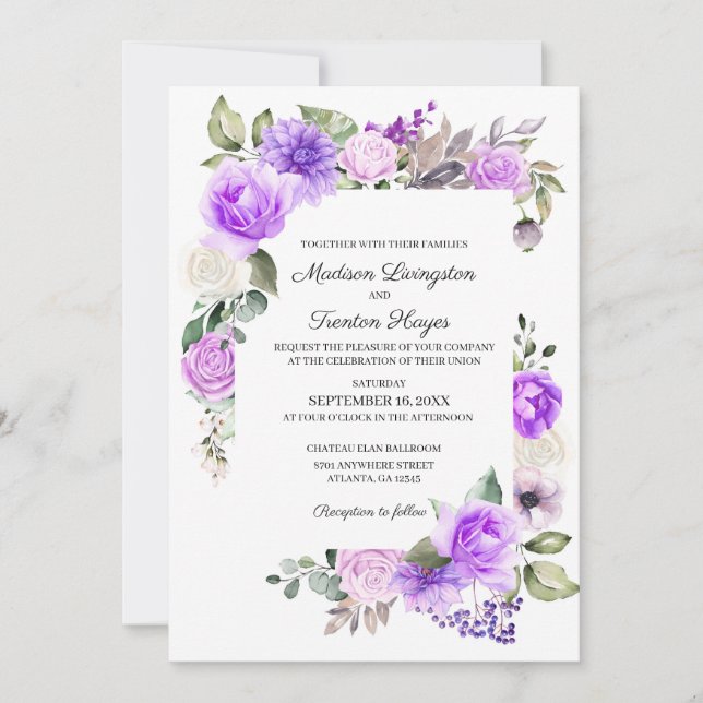 Purple Floral Printemps Invitation de mariage (Devant)
