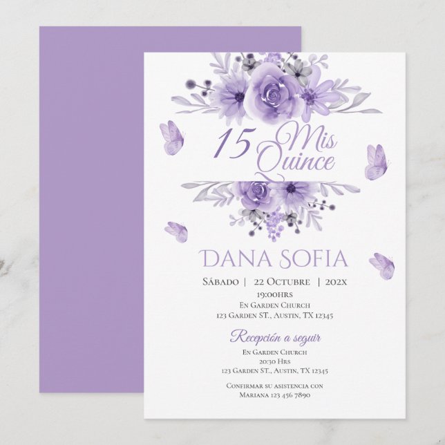 Purple Floral Quincenera Invitation Espagnol (Devant / Derrière)