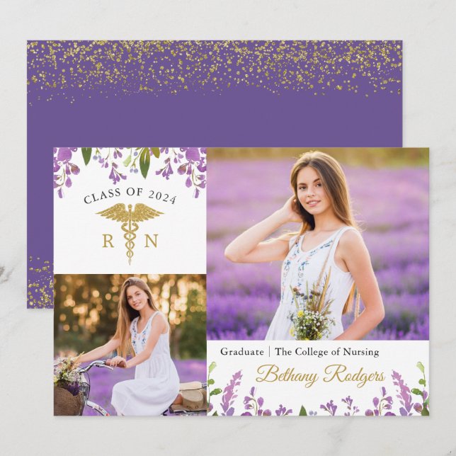 Purple Floral RN Faire-part de graduation en soins (Devant / Derrière)