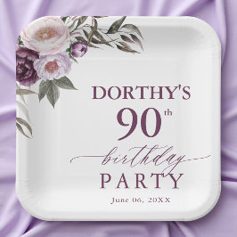 Purple Floral Script 90th Birthday  Pappteller