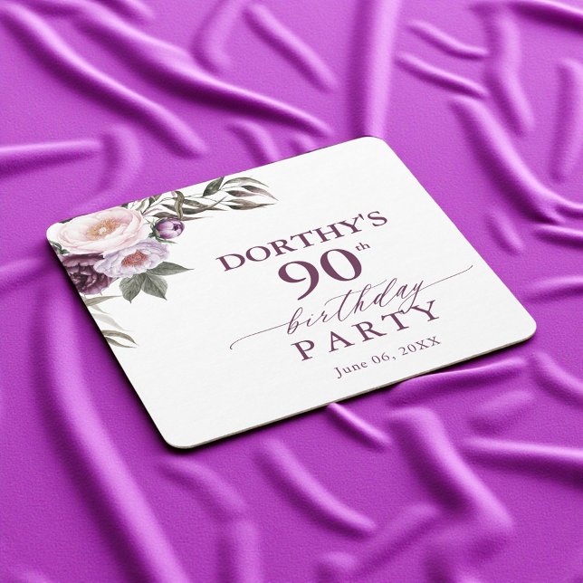 Purple Floral Script 90th Birthday  Rechteckiger Pappuntersetzer (Von Creator hochgeladen)