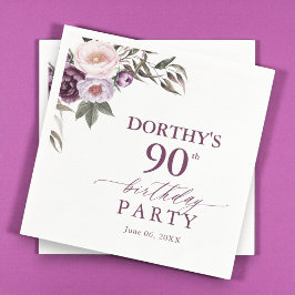 Purple Floral Script 90th Birthday  Serviette