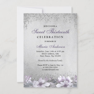 Purple Floral Silver Shimmer Sweet 13 Invitation