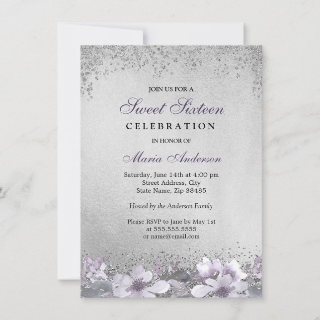 Purple Floral Silver Shimmer Sweet 16 Invitation (Devant)