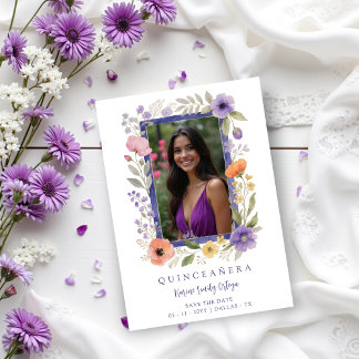 Purple Floral Spanish Elegant Photo Quinceanera Save The Date