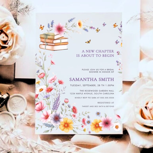 Purple Floral Storybook Chapter Bridal Shower Einladung (A romantic purple floral bridal shower invitation with books, butterflies, and elegant garden charm!)