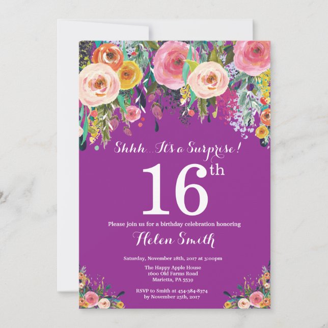 Purple Floral Surprise 16e anniversaire Invitation (Devant)