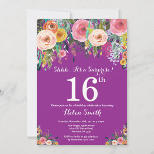 Purple Floral Surprise 16e anniversaire Invitation