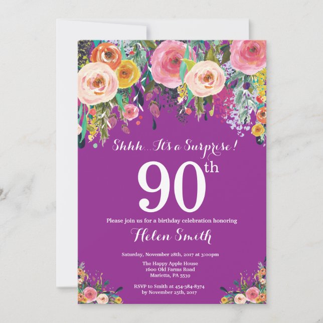 Purple Floral Surprise 90e anniversaire Invitation (Devant)