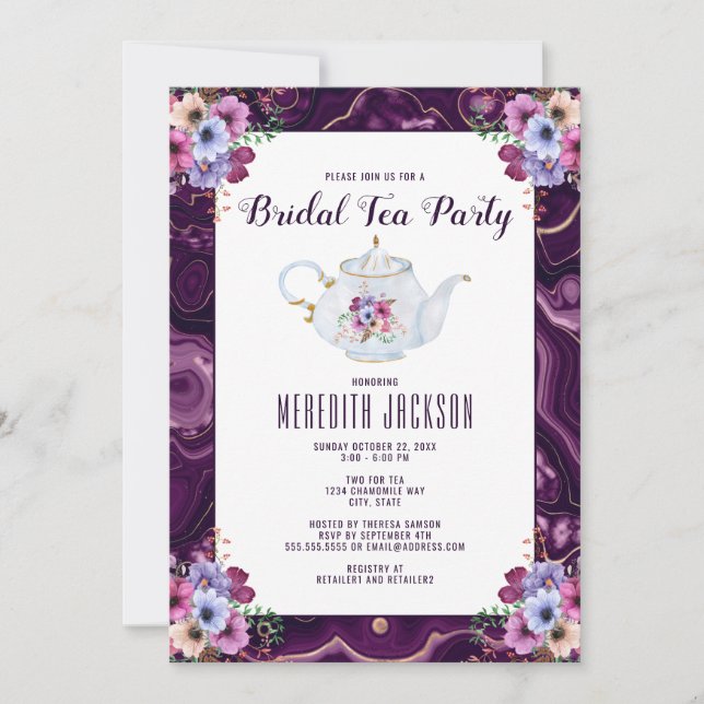 Purple Floral Tea Party Bridal Douche Invitation (Devant)