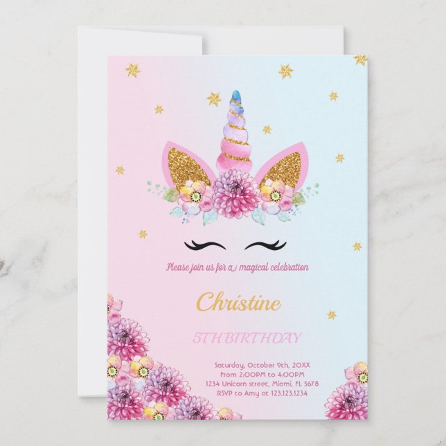 Purple Floral Unicorn invitation d'anniversaire (Devant)
