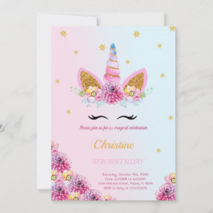 Purple Floral Unicorn invitation d'anniversaire