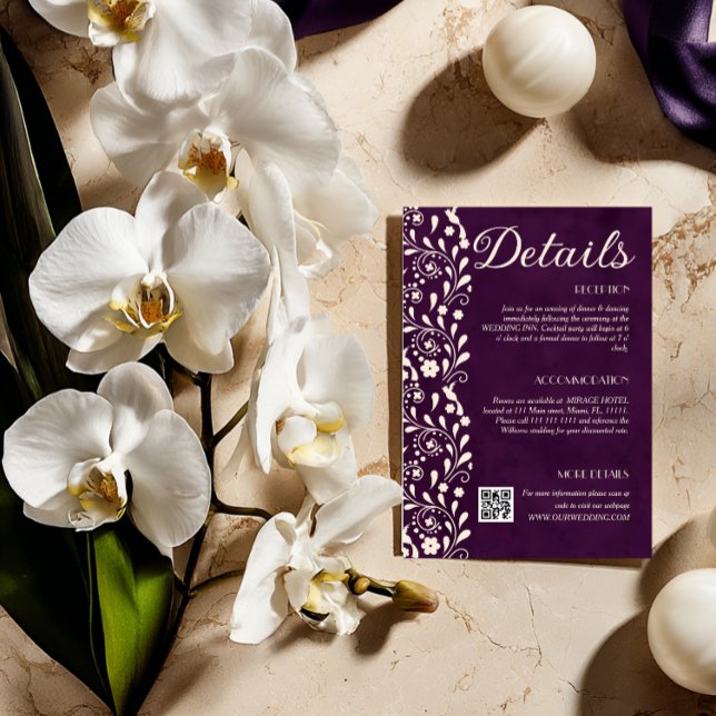 Purple Floral Wedding Details QR code Begleitkarte (Von Creator hochgeladen)