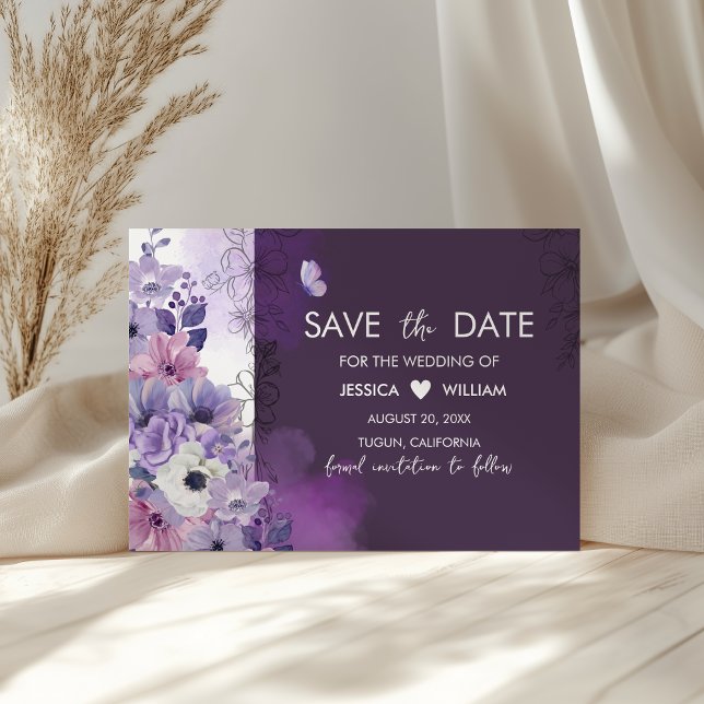 Purple Floral Wedding Save the Date Card (Von Creator hochgeladen)