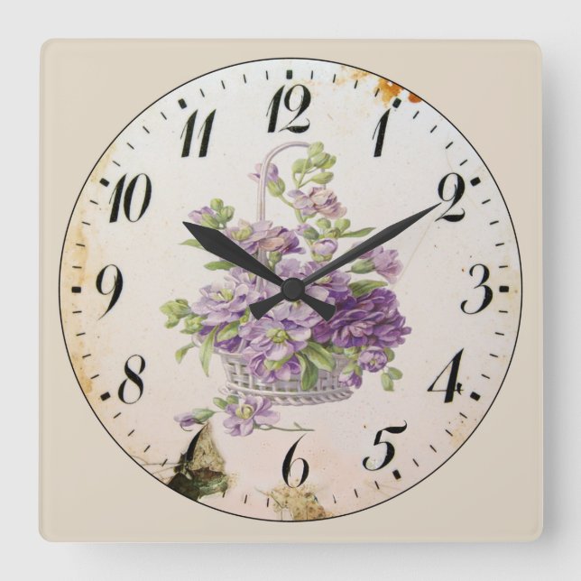 Purple Flower Basket Quadratische Wanduhr (Vorderseite)