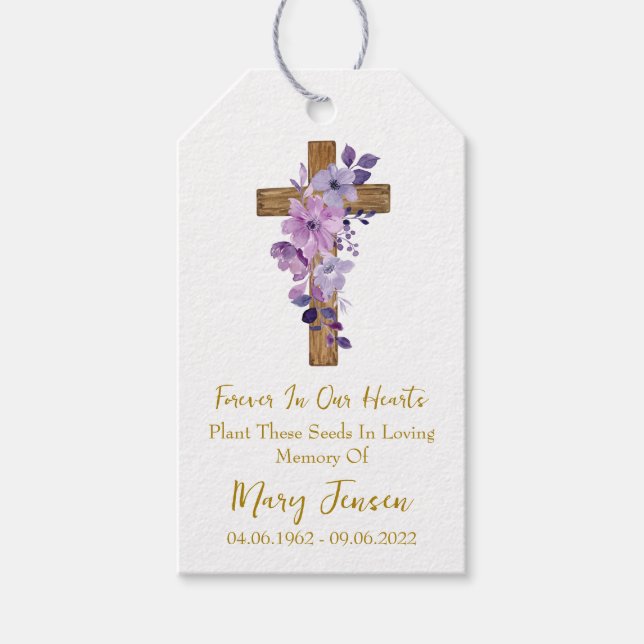 Purple flower Cross Memorial Funeral Seed Packet  Geschenkanhänger (Vorderseite)
