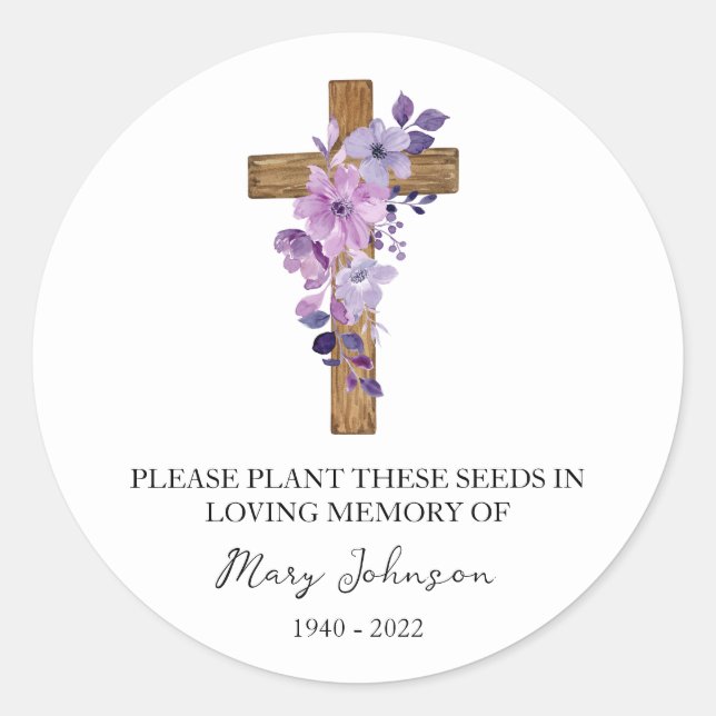 Purple Flower Cross Memorial Funeral Seed Packet Runder Aufkleber (Vorderseite)
